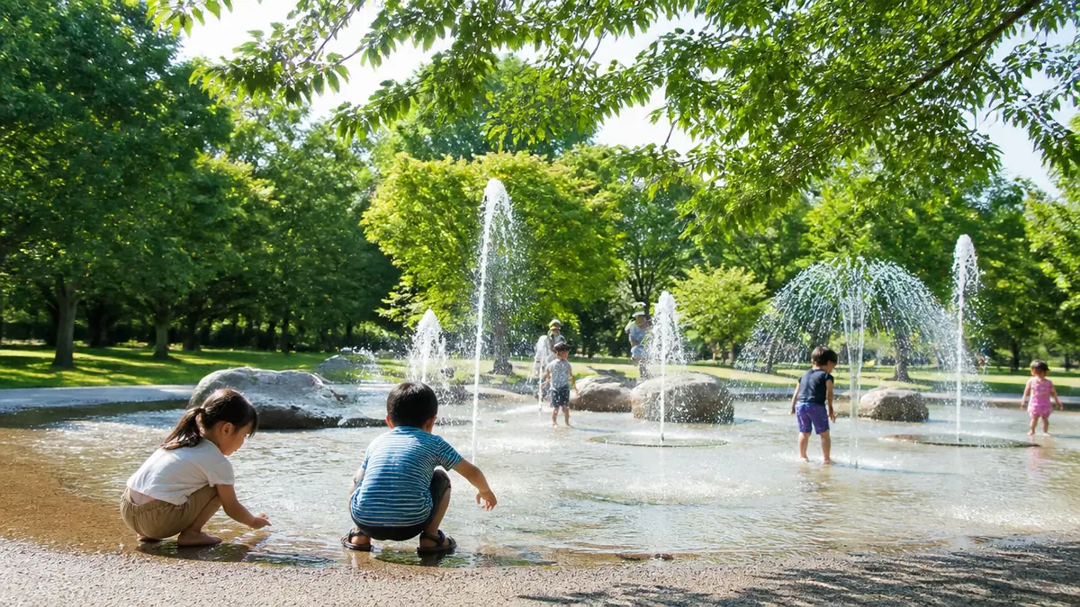 噴水4種の親水広場は9月末まで｜夏の水遊びの段取りの解説画像