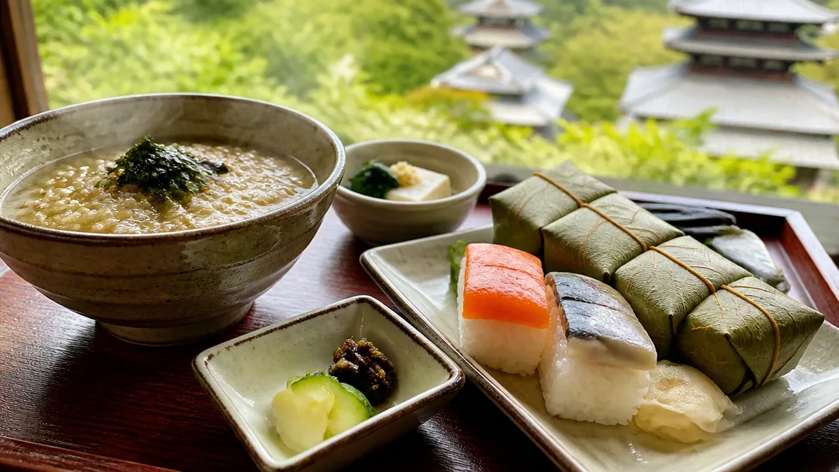 茶粥と柿の葉ずしを一度に食べるなら、ならまちの老舗の膳の解説画像