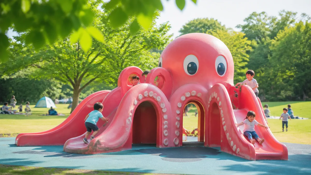 タコ型遊具と芝生広場、子どもはどう遊べる？の解説画像